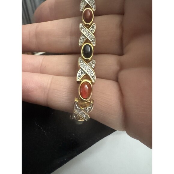 Vintage Goldtone Multi-Stone Link Bracelet – Fold Over Clasp - Picture 4 of 13